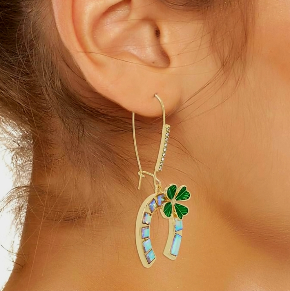 NEW Betsey Johnson Elegant Earrings with Lucky Horseshoe Clover & Stones  NWT - Picture 5 of 6
